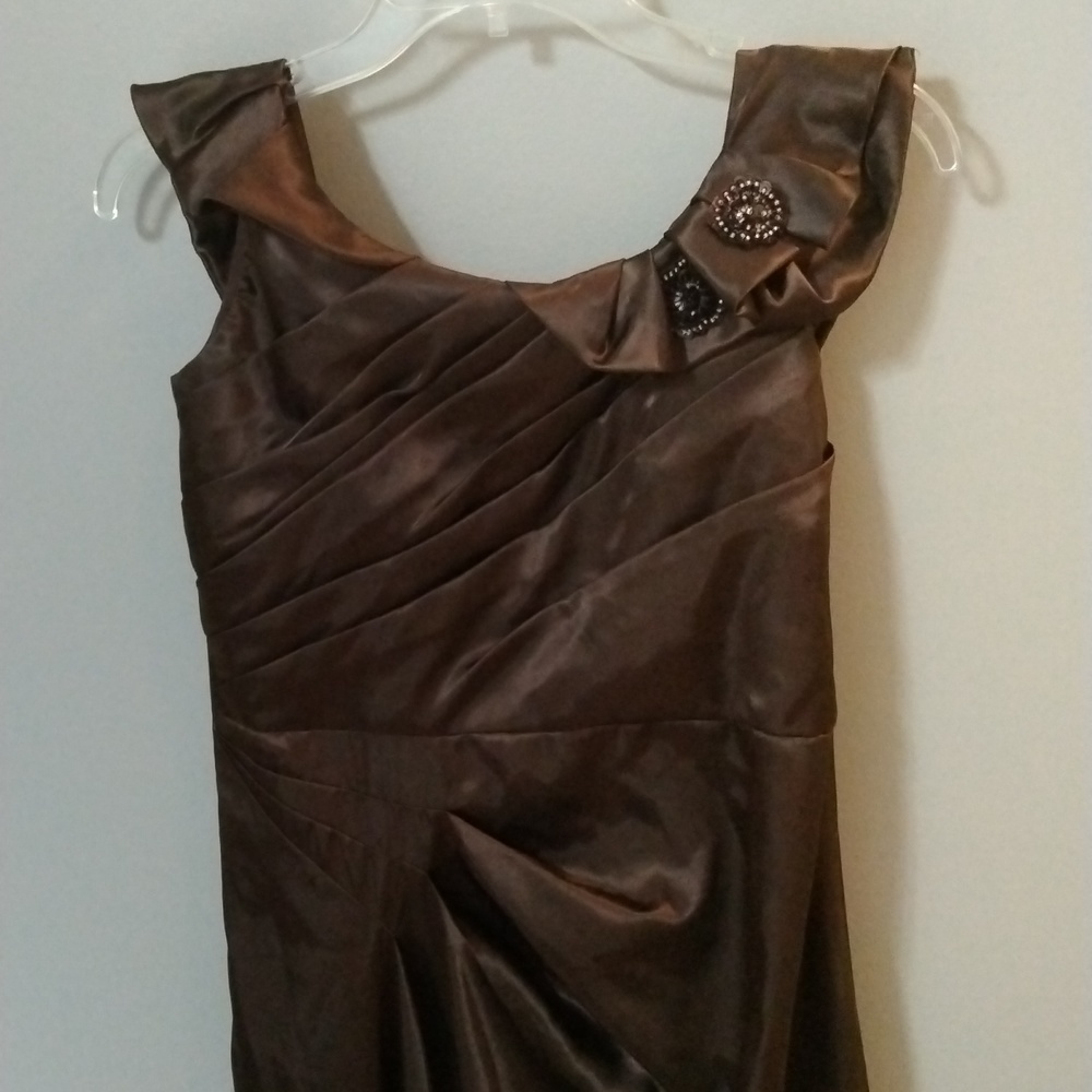 Belsoie Chocolate Brown Satin Long Gown Dress VINTAGE Sz S Prom Bridal Evening